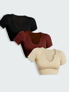 Women's Solid Ribbed Square Neck Crop Sports Tee, Sporty Short Sleeve Cropped T-shirt for Yoga Gym Workout Running, Ladies Sportswear for Summer, Athletic Top, Athletic Yoga Tops