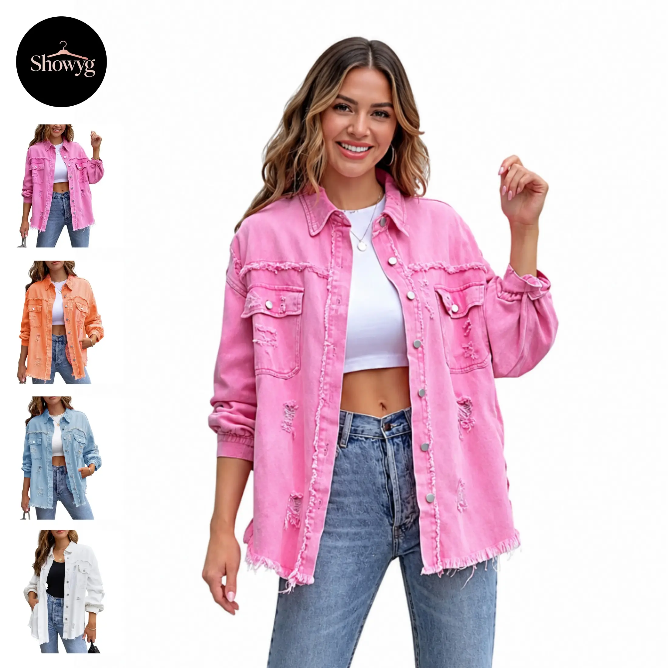 Showyg Women's Cotton Long Sleeve Retro Ripped Denim Jacket - Casual Collared Button-Down Coat, Vintage Washed Fringe Distressed Outerwear with Side Pockets for Daily Street Style Tops for Women
