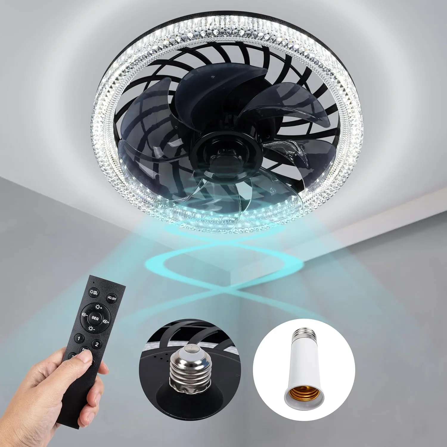 Socket Ceiling Fan Light,Bulb Socket Fan with Remote,Dimmable E26 Base Ceiling Fans with Lights for Bedroom,Screw in Fan and Light Combo,Mini Small Ceiling Fan with Light,Recessed Light Fan Lamp