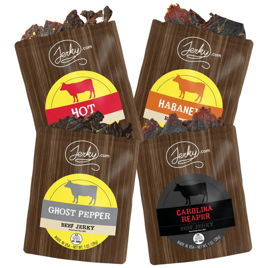 Jerky.com Spicy Beef Jerky Variety Pack, Habanero Ghost Pepper Carolina Reaper & Classic Hot Flavors, 4 x 1 oz Snack Bags, Gift Set