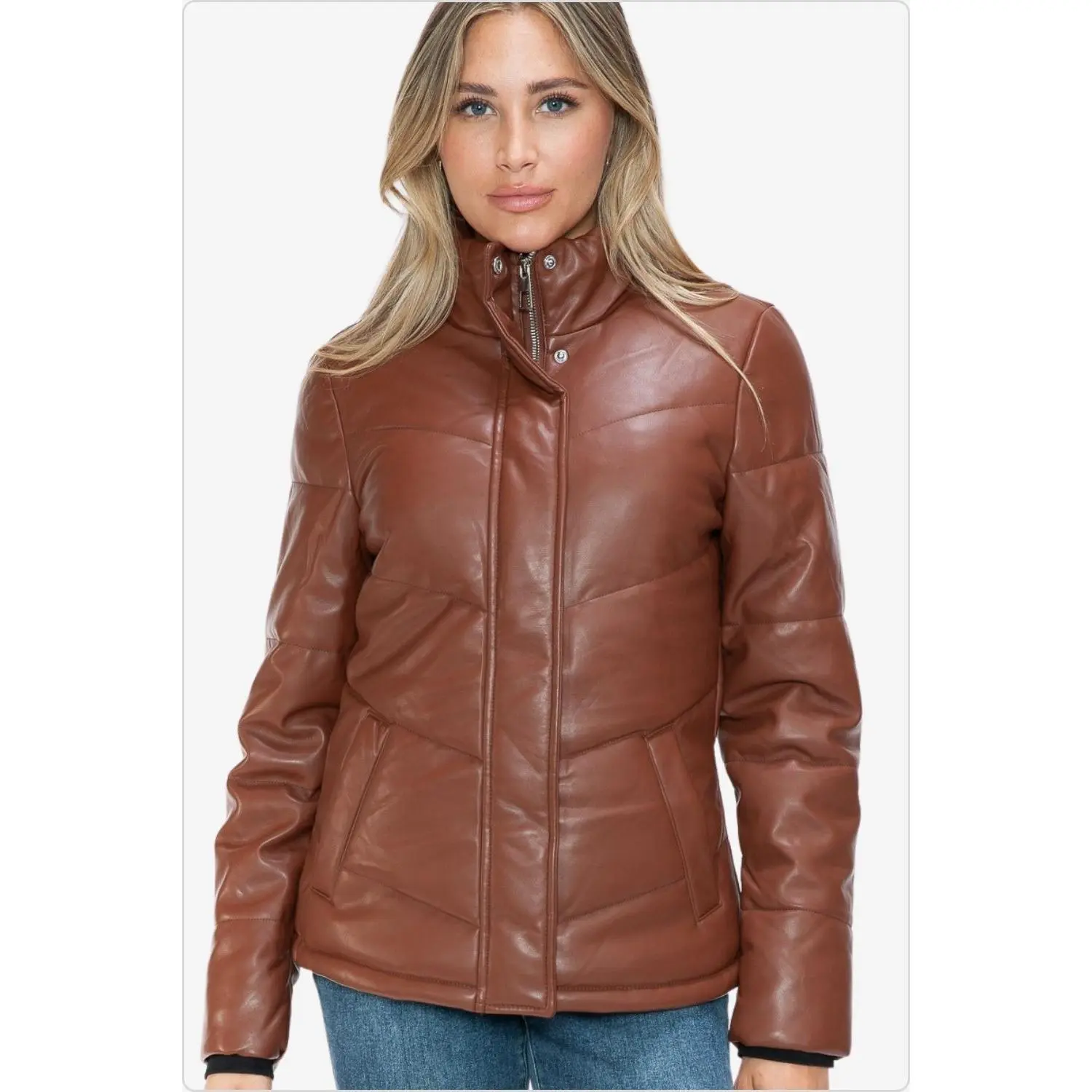 Women's Brandy Faux Leather Turtleneck Puffer Jacket