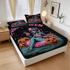 Summer Halloween Skull Pattern Fitted Sheet, Fun Summer Bedding Set (1 Sheet + 2 Pillowcases, No Pillow Core), Suitable For Teenagers And Adults, Guest Rooms, Dormitories, Master Bedroom Scenes