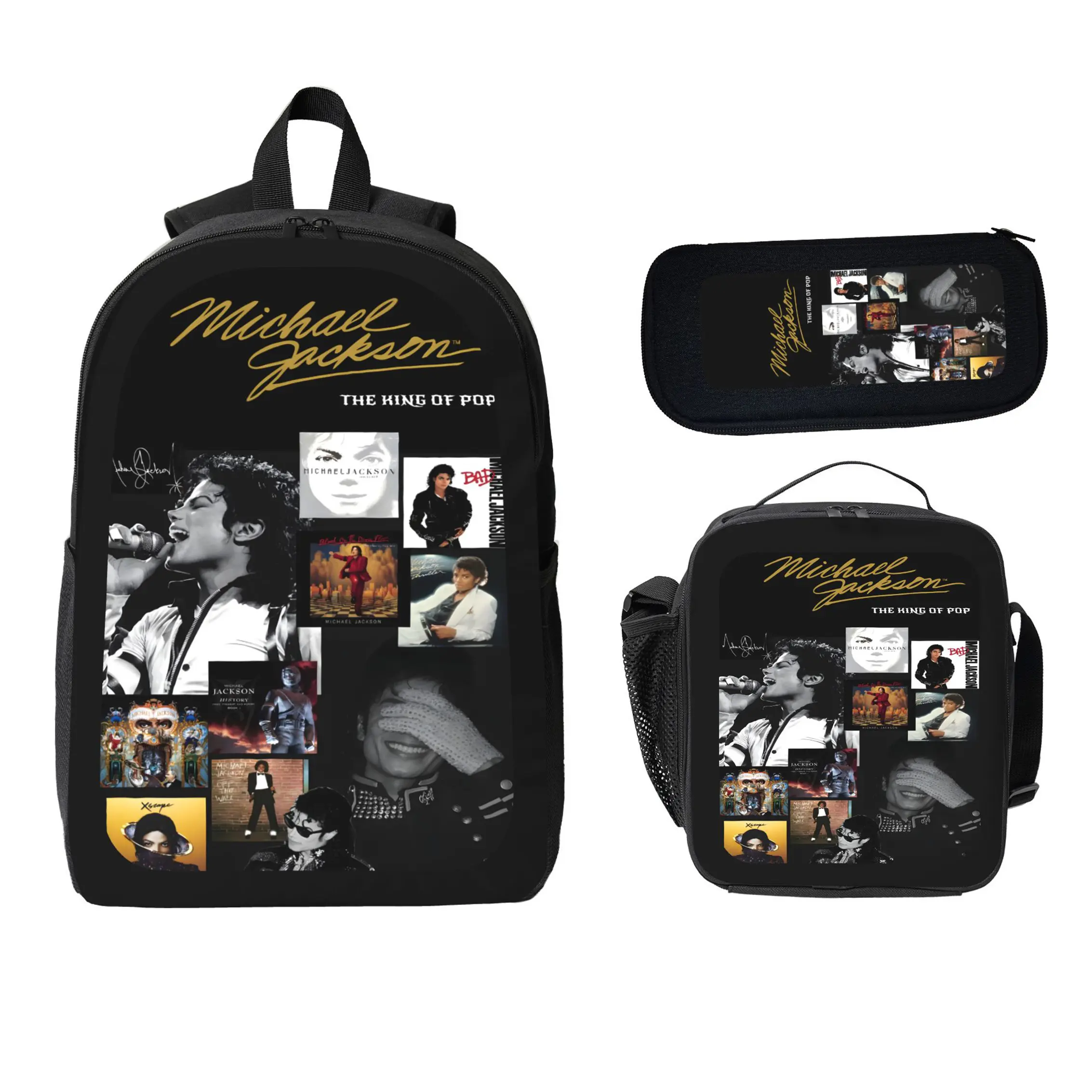 Michael Jackson Backpack Set Durable Polyester 3 Piece Bookbag Lunch Bag Pencil Case Lightweight Large Capacity Back To School Travel Daypack For Boys Girls Kids Teens Students Music Fans Viral Trendy Gift