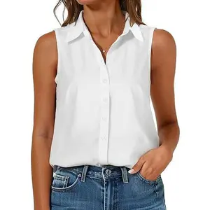 Women's sleeveless button-up shirt, classic V-neck collared vest, casual office chiffon blouse