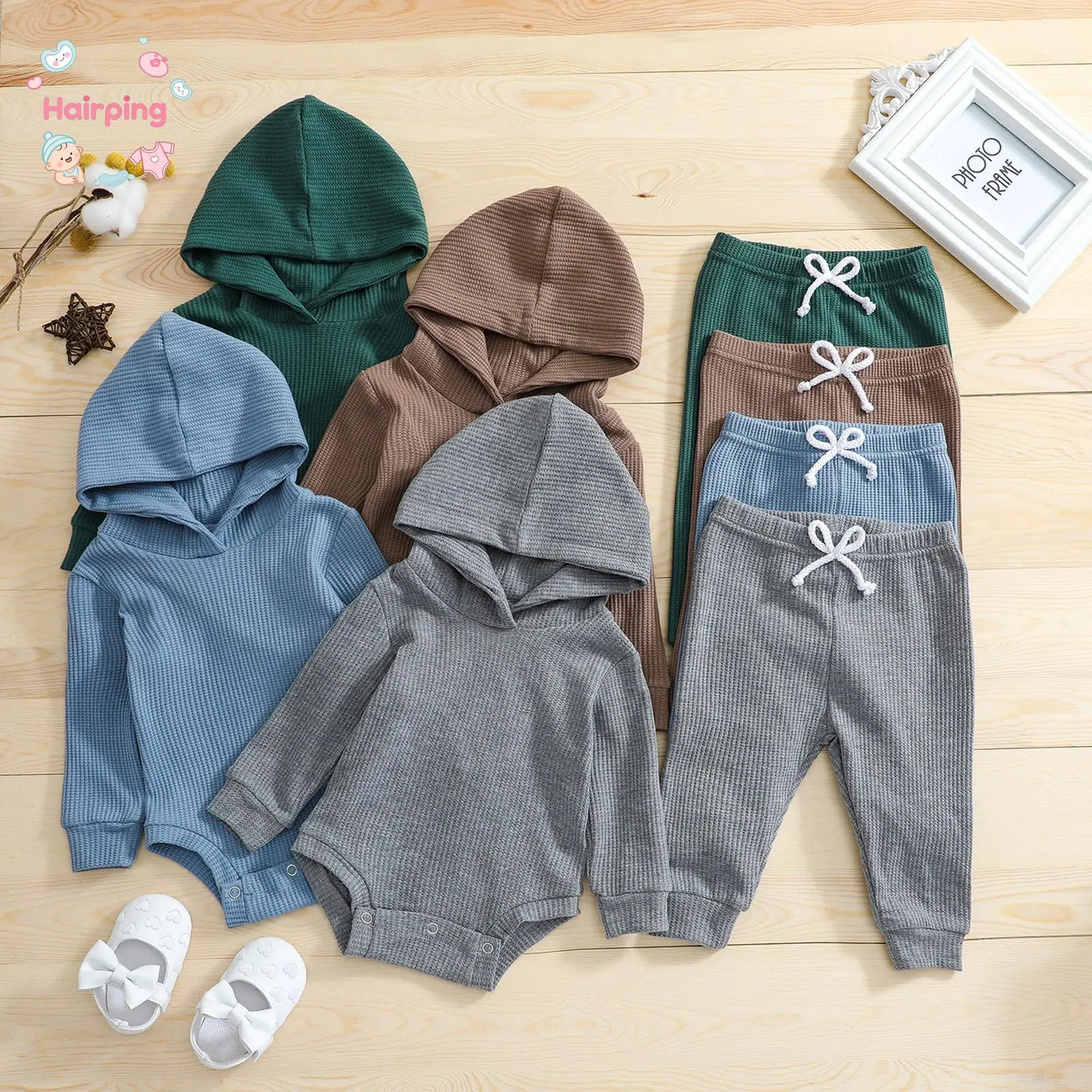 Newborn Jumpsuit Outfit Baby Boys Girls Solid Color Long Sleeves Hooded Romper and Trousers Set