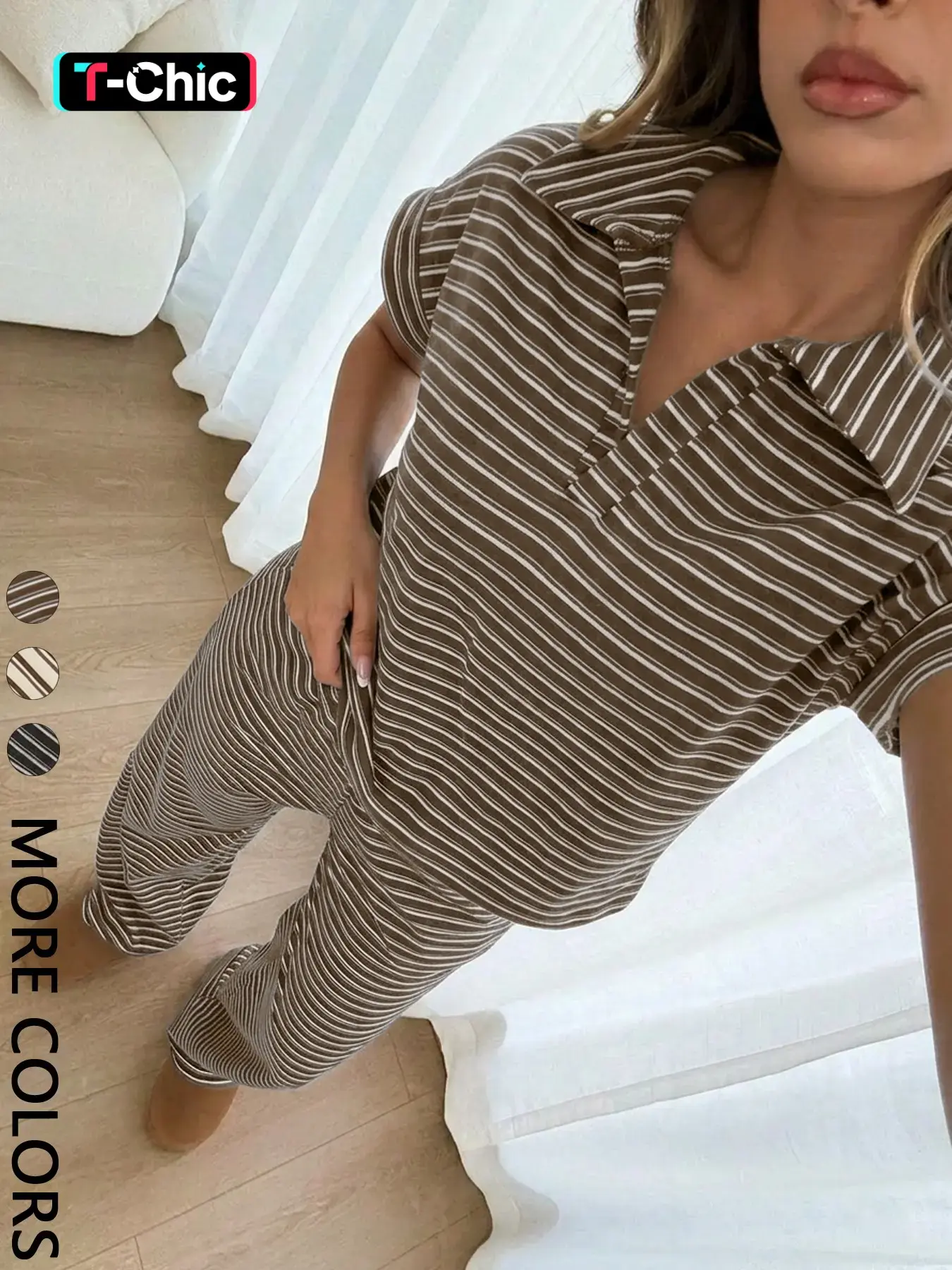 2-Piece Striped Polo Top & Wide Leg Pants Set - Cozy Loungewear Pyjamas Pajama Nightwear for Home & Casual Outings, Women, Loungewear Pjs Set | Viral TikTok Outfit, Quiet Luxury Aesthetic, Casual Pajamas Set