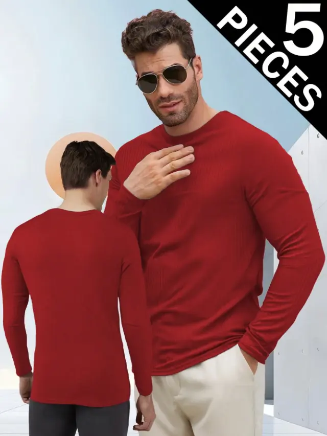 Men's 5-Piece Plain Thermal Undergarments Set - Long Sleeve Round Neck Shirts, Crewneck Socks for Streetwear Casual Menswear, Clothes, Thermal Layering