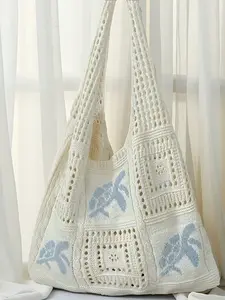 Women's Summer Beach Casual Tote Bag, Crochet Design with Turtle Pattern, Large Capacity, Polyester, Bohemian Style, Travel Accessory