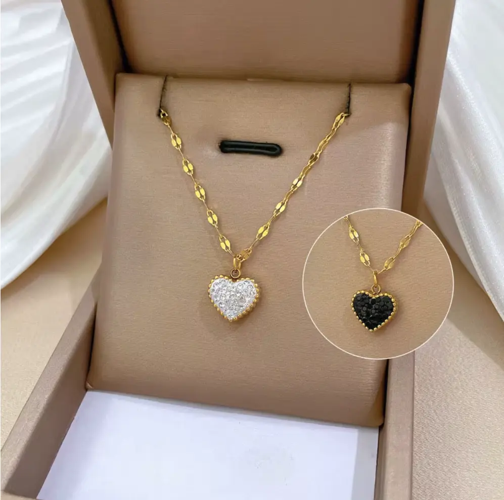 N256- 316L Stainless Steel Minimalist Black White Crystal Reversible Heart Necklace!