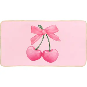 Welcome Mat Preppy Pink Doormat, Coquette Room Decor Indoor Front Door Mat Bathroom Kitchen Mat, Cute Pink Cherry Bow Batn Mat, Gift for Girls Pink Lovers, 30 x 18 Inch