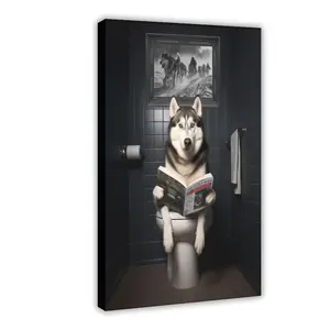 Husky on The Toilet Animal Bathroom Canvas Poster Wall Art for Home Bedroom Office Dorm Room Decor