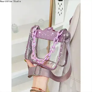 Fashion Clear Crossbody Bag, Transparent PVC Saddle Purse for Stadium Approved, Trendy Diamond Chain Small Square Bag, Retro Jelly Handbag for Concert Summer Vibes & Festival Rave