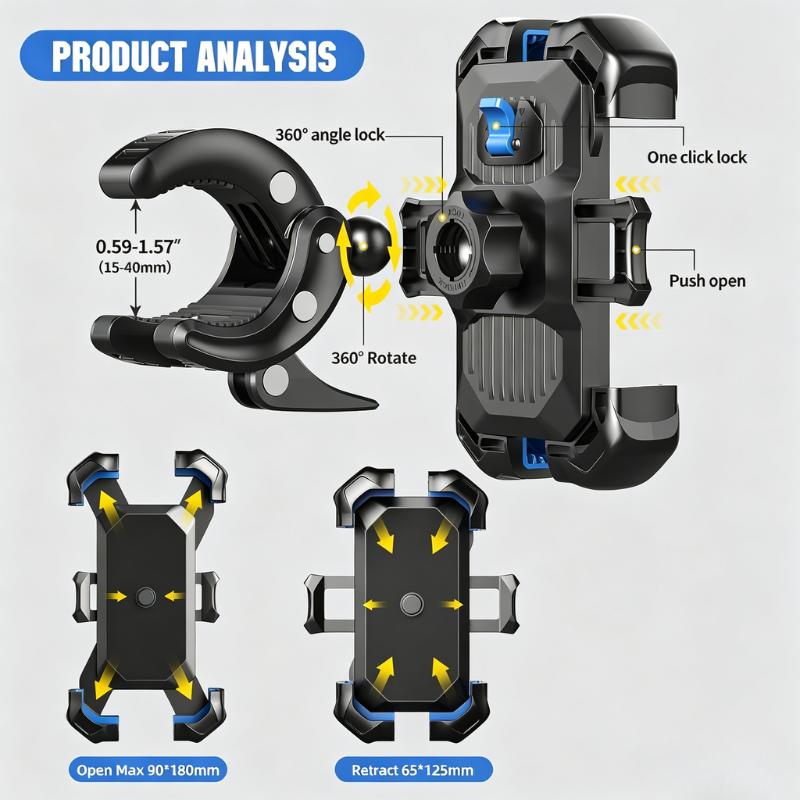Motorcycle Phone Mount | 1s Auto Lock Anti-Drop, 360° Rotatable, Fits iPhone/Samsung 4.7-7.0" (Bike/ATV/Scooter)