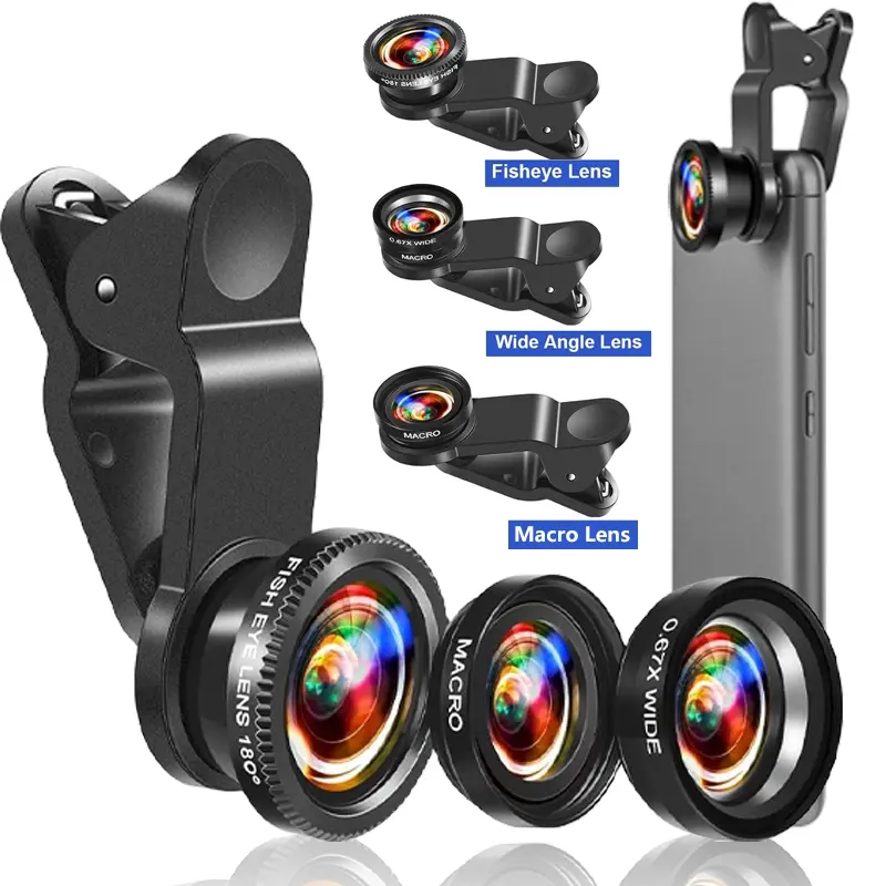 3 IN 1 Fisheye Phone Lens 0.67X Wide Angle Macro Lenses Camera Kits Clip On Mobile Phone Accessories Smartphone Camera Accessories Cell Phone Accessories For iPhone Samsung Xiaomi Huawei