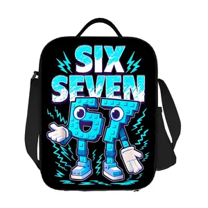 Funny Blue Black Color Block "67" Number Robot Lightning Pattern Lunch Box Bag Meme Insulated Thermal Bag Suitable for Home Restaurant Office Outdoor Picnic Unisex Portable Reusable