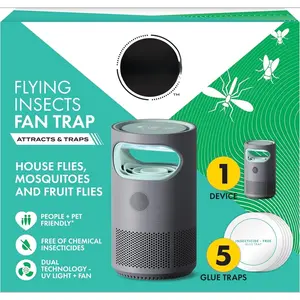 Flying Insect Fan Trap for Indoor Bug Control, Attracts Mosquitoes, Fruit Flies, and House Flies, Plug-in Fan with UV Light, Starter Kit Includes 1 Device and 5 Glue Traps