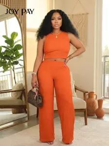JOY PAY Women’s Summer Two Piece Lounge Set – Sleeveless Crop Top & Loose Wide Leg Pants