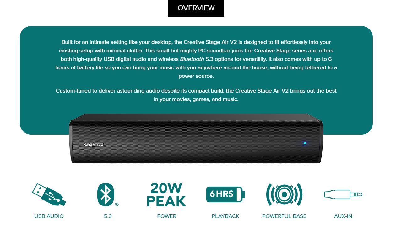 Creative Stage Air V2 Compact Under-Monitor USB Soundbar for PC, with Bluetooth 5.3, Dual-Driver and Passive Radiator, up to 6 Hours of Playtime, Compatible with PS5 and Nintendo Switch Audio Portable  Speakers Wireless