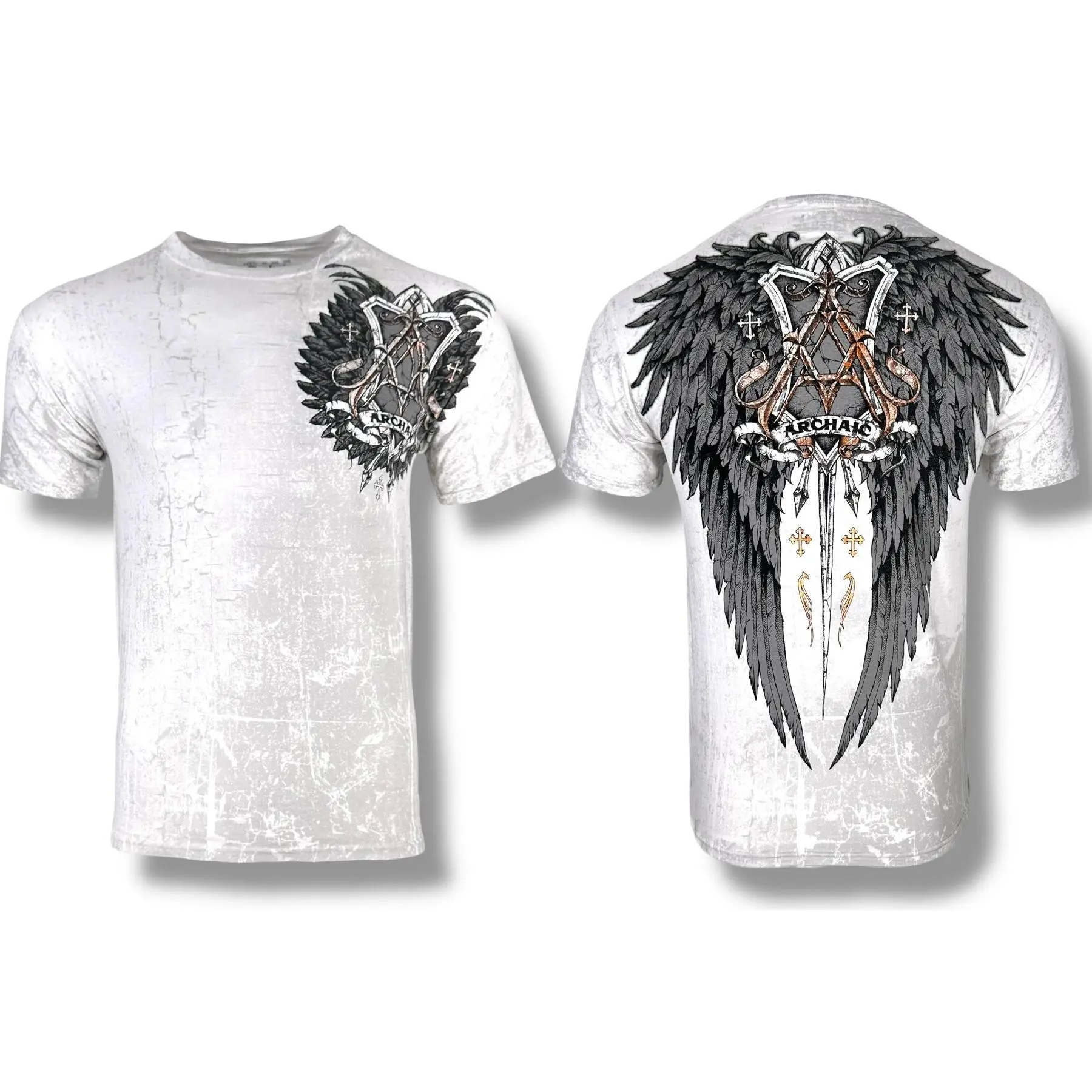 Archaic by Affliction Men's Harrow Casual T-Shirt - 100% Cotton Round Neck Streetwear Top with Front and Back Graphic Print