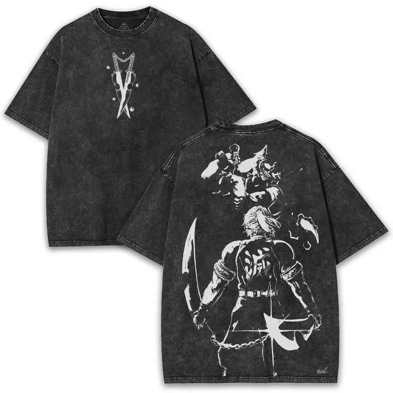 Men's Demon Slayer Tengen Uzui 260GSM Soft Cotton Classic Tshirt - Casual Short-Sleeve, Round Neck, Vintage Washed, Front & Back Hashira Prints, Sound Breathing Streetwear Cloth, Otaku Style, Chinese New Year Valentine's Day Gift (Menswear Top), Valentine