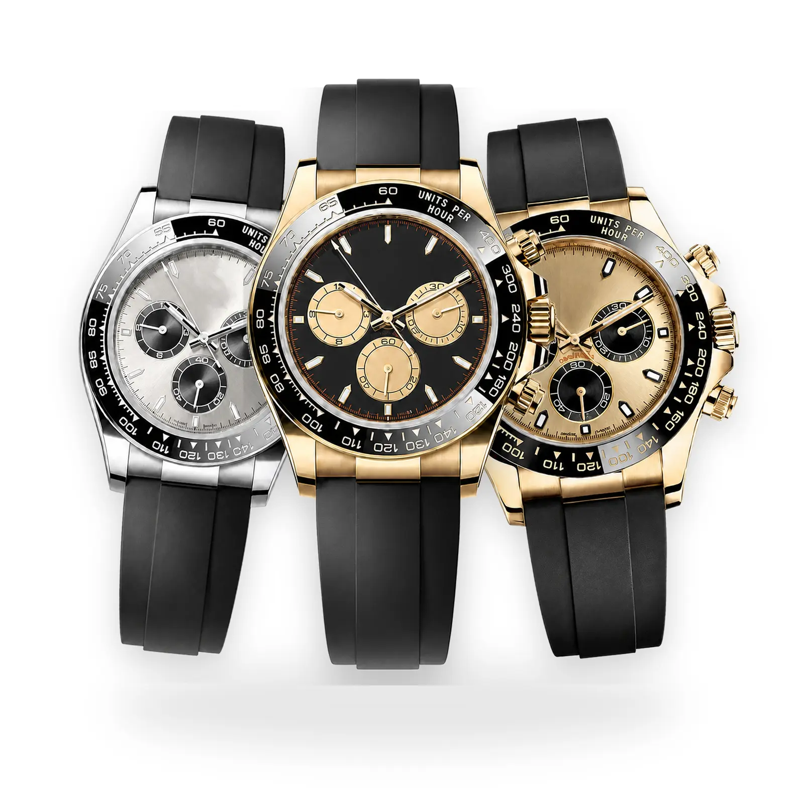 Chronograph-Style Men's Wrist Watch with Black Strap, Multi-Dial Sport Dress Look, Silver and Gold Tone Options