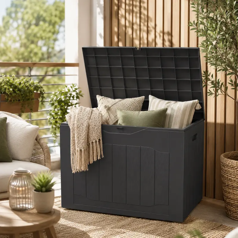 OUTROAD 35gal Resin Deck Box - Single Unit Rectangular Outdoor Storage Container, Lockable Patio Furniture Cabinet with Built-In Handles for Outdoor Cushions, Garden Tools (Black & Brown)