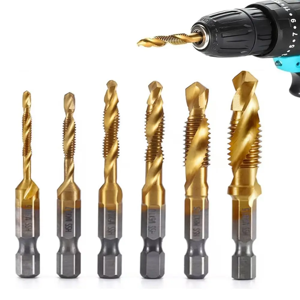 Threaded Titanium Drill Tap Set with Hex Shank (6-Count, M3-M10 Complete Specs), Wear-Resistant Tip, Durable Power Tool Hardware for Workshop Metal Cutting & Home Wood Drilling