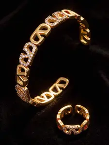 Light Luxury Charm Bracelet Ring Set, 18k Gold Plated Copper Zircon Letter V Shaped Open Design, Multi-Purpose Bangle Ideal Gift