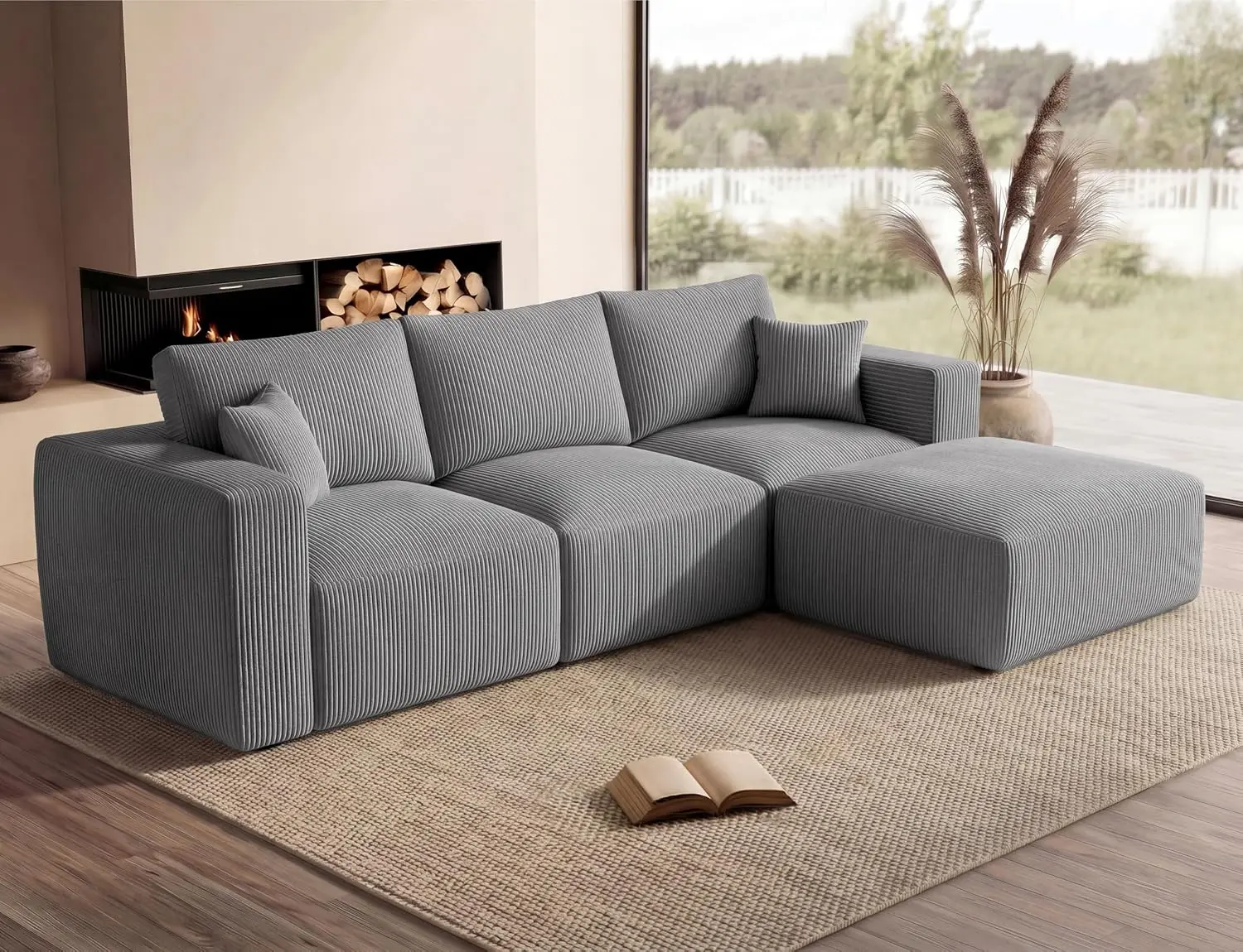 【3 Packages】115" Modular Cloud Sectional Sofa, Boneless Couch with Ottoman, L-Shaped Corduroy Sofa, Deep Seat Floor Couch, No Assembly Living Room Furniture for Apartment & Home Office, Grey