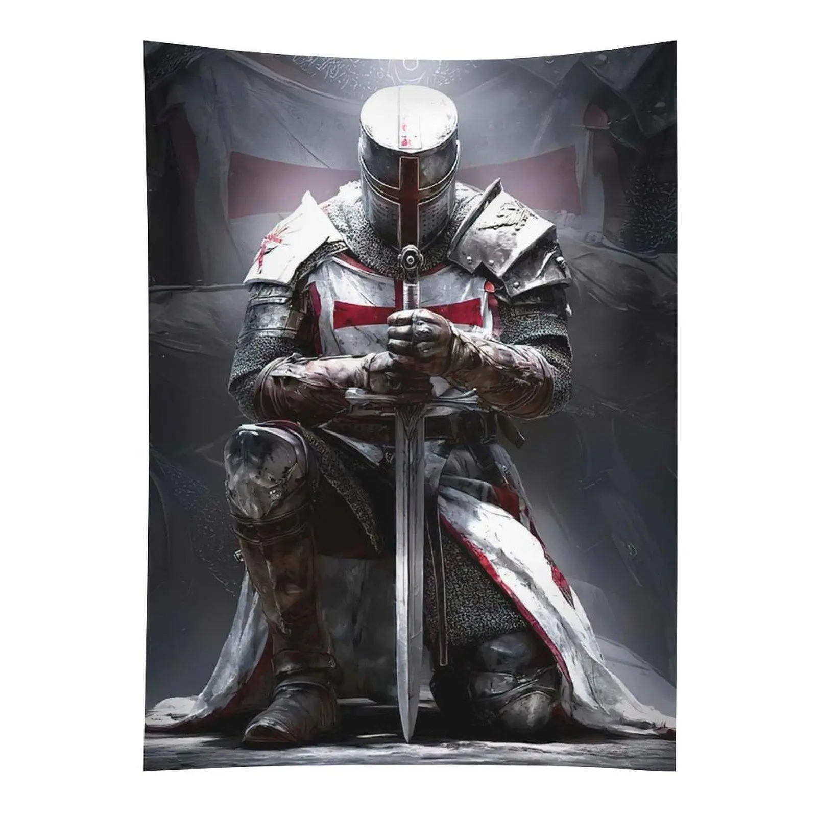Kneeling Templar Knight Tapestry Medieval Warrior Sword Wall Hanging Decor