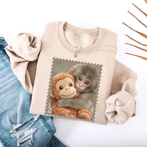 Punch Monkey Plush Sweatshirt, Cute Cozy Graphic Hoodie, Animal Lover Gift, Trendy Viral Crewneck