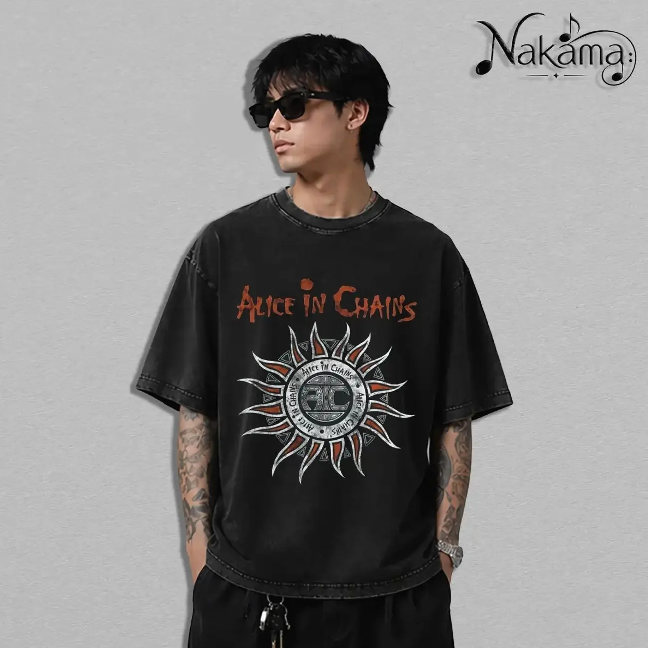 [SALE UP TO 30%] Alice In Chains Sun Logo Black Cotton Unisex Tshirt, Unisex Oversize Modern Rock Band Heavyweight Cotton T-Shirt, Gift for Rock Music Lovers, Aesthetic Gothic Streetwear Gift, Metal Clothing Top IMI