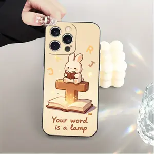 Phone Case: Cute Rabbit Reading The Bible With Cross Design, Featuring A Luminous Effect And Floating Letters, A Faith-Inspired Christian Phone Case Design, Suitable For IPhone 17/17pro/16/X/XS/XR/11/12/13/14/15/16Plus/17ProMax, Printed Liquid-Like Phone