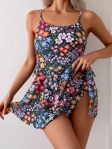 Women’s floral spaghetti strap tankini set, two-piece swimsuit with swim dress featuring side slit and drawstring waist, summer swimwear