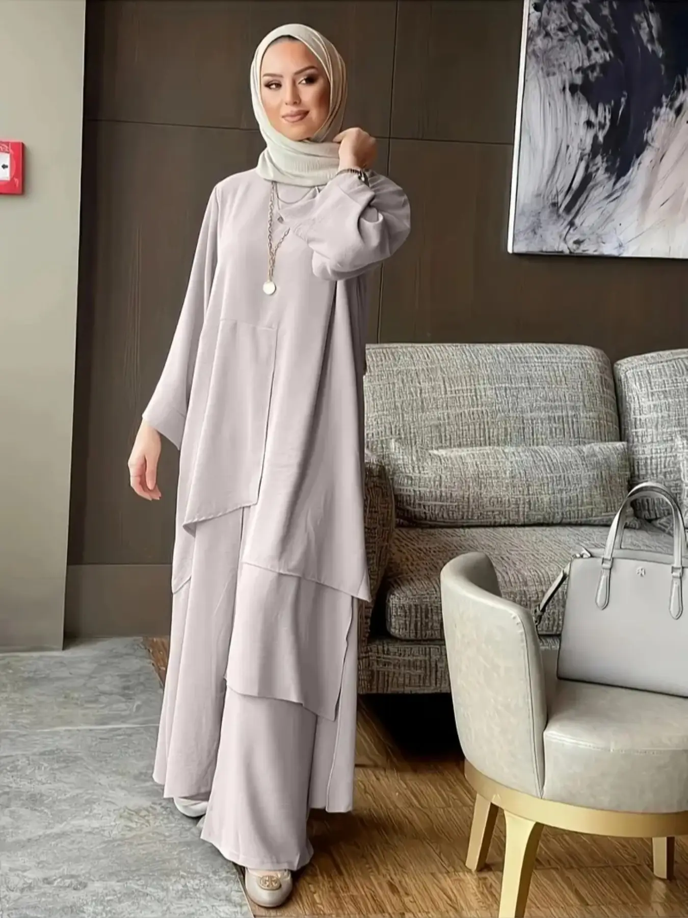 Muslim Women Round Neck Long Robe Set with Wide Leg Pants, Abayas Middle Eastern Two-Piece, Modest Clothing for Daily Wear, Abaya Hijab Set