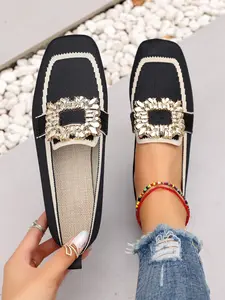 Women's Fashion Soft Sole Flat Shoes, Rhinestone Buckle Decor, Lightweight Comfortable Breathable, Casual Spring & Fall Footwear Gift, Slip on Flats