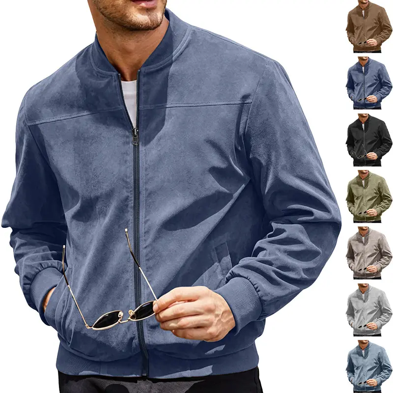Menswear Retro Faux Suede Solid Color Stand Collar Full Zip Ribbed Hem Loose Short Fit Men's Baseball Coat, Suitable for Spring/Autumn, Streetwear, Versatile Casual Workwear Top for Young & Middle-Aged, Multi-Color Options, Coats