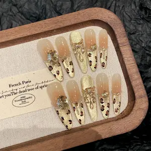 10pcs Handmade Stiletto Nails, Beautiful False Nails, Sunset Gold Atmosphere, Cat Eye Drills, French Leopard Print, Long, for Daily Use