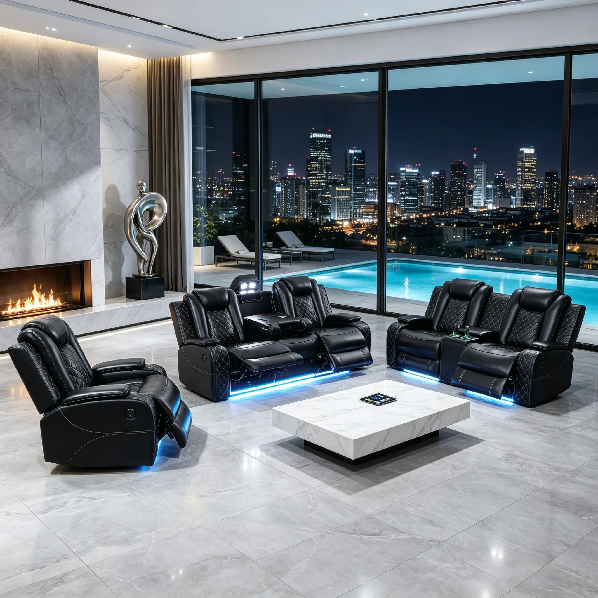 3-Piece Modern Black Breathable Leather Recliner Sectional Sofa Set with Push-Back Mechanism, Cup Holders, Adjustable Arms - Sectional Sofa Couches for Living Room Home Theater, Recliner Chair for Living Room Decor Comfortable Seating Solutions