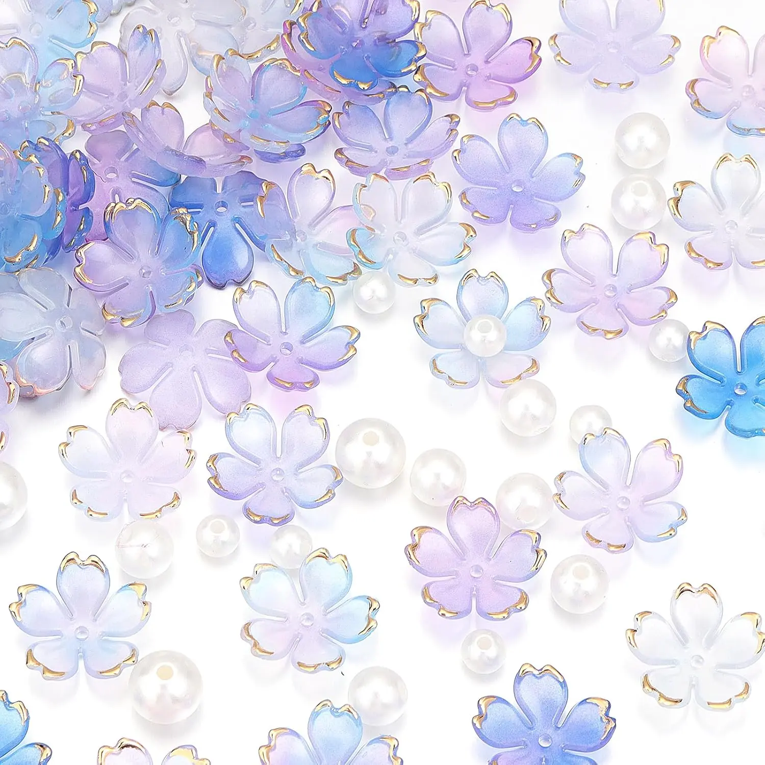 100 count Cherry Blossom  Flower Beads, 5-Petal -Plated Gradient Floral Bead with 90 count Multi-Size Beige  for Necklaces Bracelets Earrings Adult  Making (Blue- Gradient