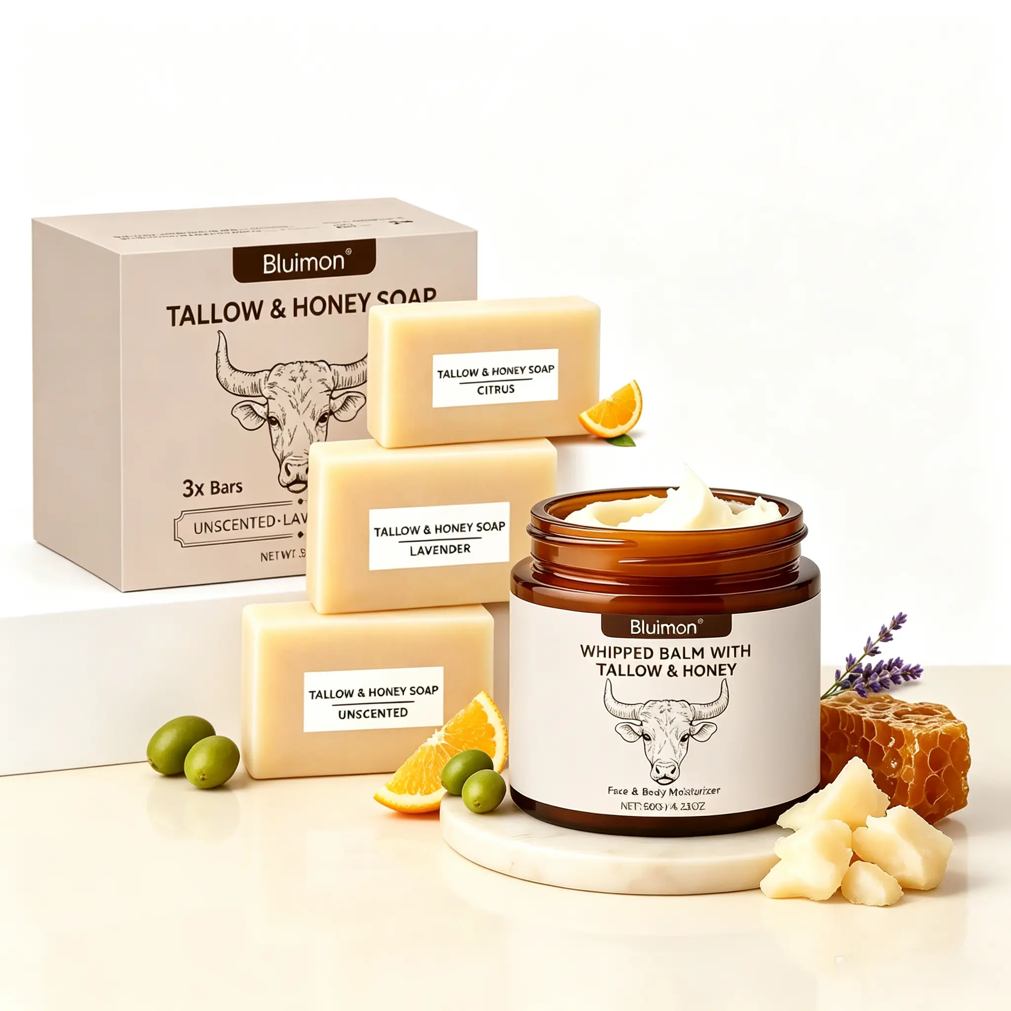 Grass-Fed Beef Tallow Honey Soap & Whipped Balm Kit, 3 Scents Unscented Lavender Citrus, Natural Hydrating Face Body Moisturizer Set for Dry Sensitive Skin