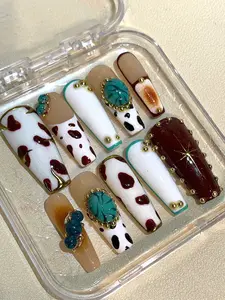 Cow Print & Turquoise Gem Press-On Nails – Western Rodeo Nail Art – Handmade Boho Style