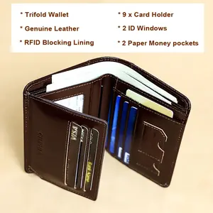 Genuine Leather Wallet For Men, RFID Blocking Bifold Wallet With 9 Card Holders, 2 Cash Pockets, Retro Wax Credit Card Holder, Ideal Gift For Men