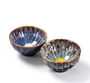 Handmade Jianzhan Tea Cup, Peacock Glaze Teacup with Inlaid Gold/Silver Lotus, 140ml Ceramic Tea Bowl for Gongfu Tea, Unique Chinese Tea Cup Gift for Tea Lovers  Jianzhan Peacock Glaze Tea Cup, Inlaid Lotus Ceramic Teacup for Gongfu Tea