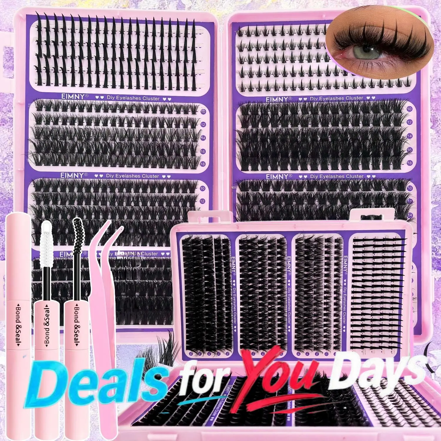 Lash Clusters Kit，800Pcs Lash Clusters, Includes Spiky and Bottom Lashes, 40D+60D+80D+100DMixed Style Volume Eyelash Clusters single box/with Glue, Tweezers and Brush, 3D Individual Wispy Eyelash, Fluffy Manga Eyelashes, Dense Thickened Lash for DIY