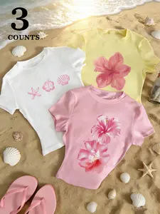 3-Pack Women's Fitted T-Shirts, Street Fashion Graphic Floral Print, Teen Girls' Casual Round Neck Short Sleeve Tops, Chic Casual Top, Summer Y2K Style Streetwear