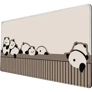 Cute Panda Mouse Pad  24x14in-Anime Desk Mat-Beige Desk Pad-Large Kawaii Keyboard Mat-with Non-Slip Base Stitched Eges