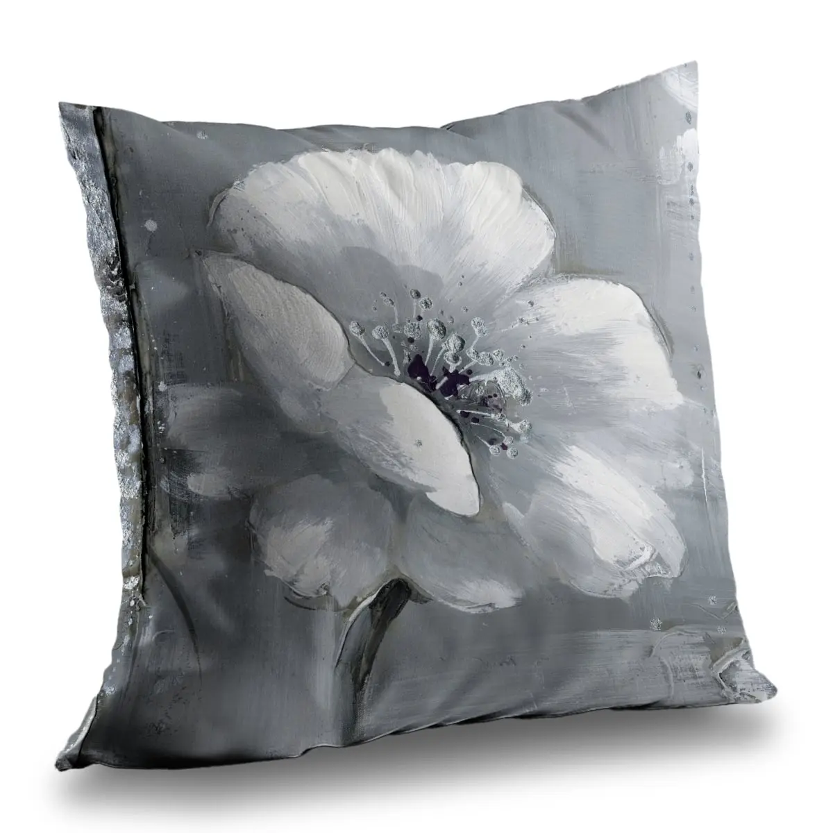 360 Stand Gray & White Botanical Motif Twill Fabric Throw Cushion - 14x14 in, Soft Touch, Decorative Cushions for Bedroom Use, Bedroom Decor, Floral