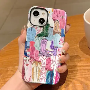 Cowboy Boots Collage Western Phone Case , Cute Pink Aesthetic Cowgirl Country Shockproof Rugged Cover Dual Layer Soft TPU Bumper Hard Shell Design for iPhone 11 12 13 14 15 16 17 Pro Max Plus Air, Heavy-Duty Protection MagSafe Magnetic