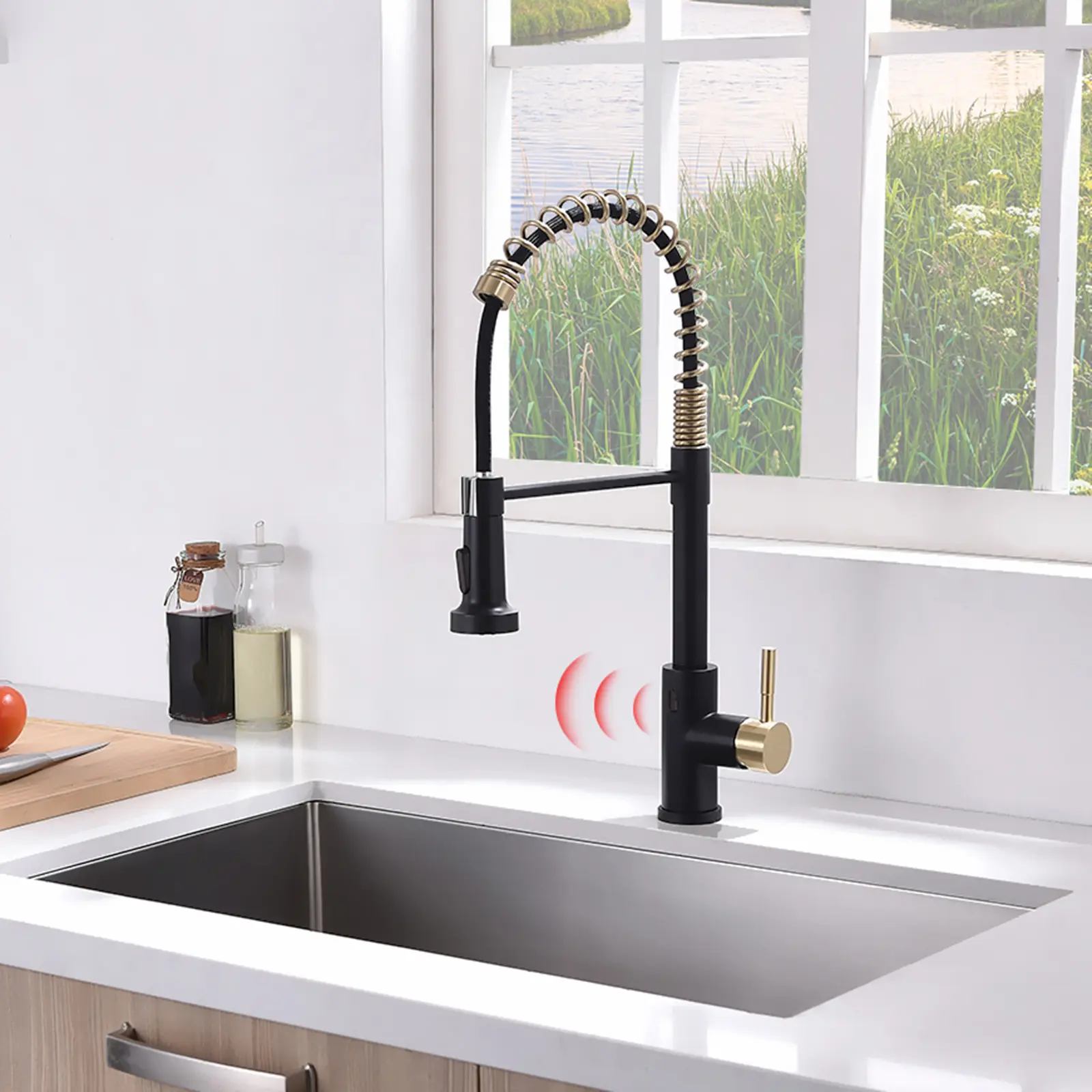 Black Single-Handle Hands-Free Motion Sensor-Activated Touchless Smart Kitchen Faucet with 2-In Short Sensing Distance, Auto-Off, Pull-Out Sprayer, and Plumbing Valve Assembly